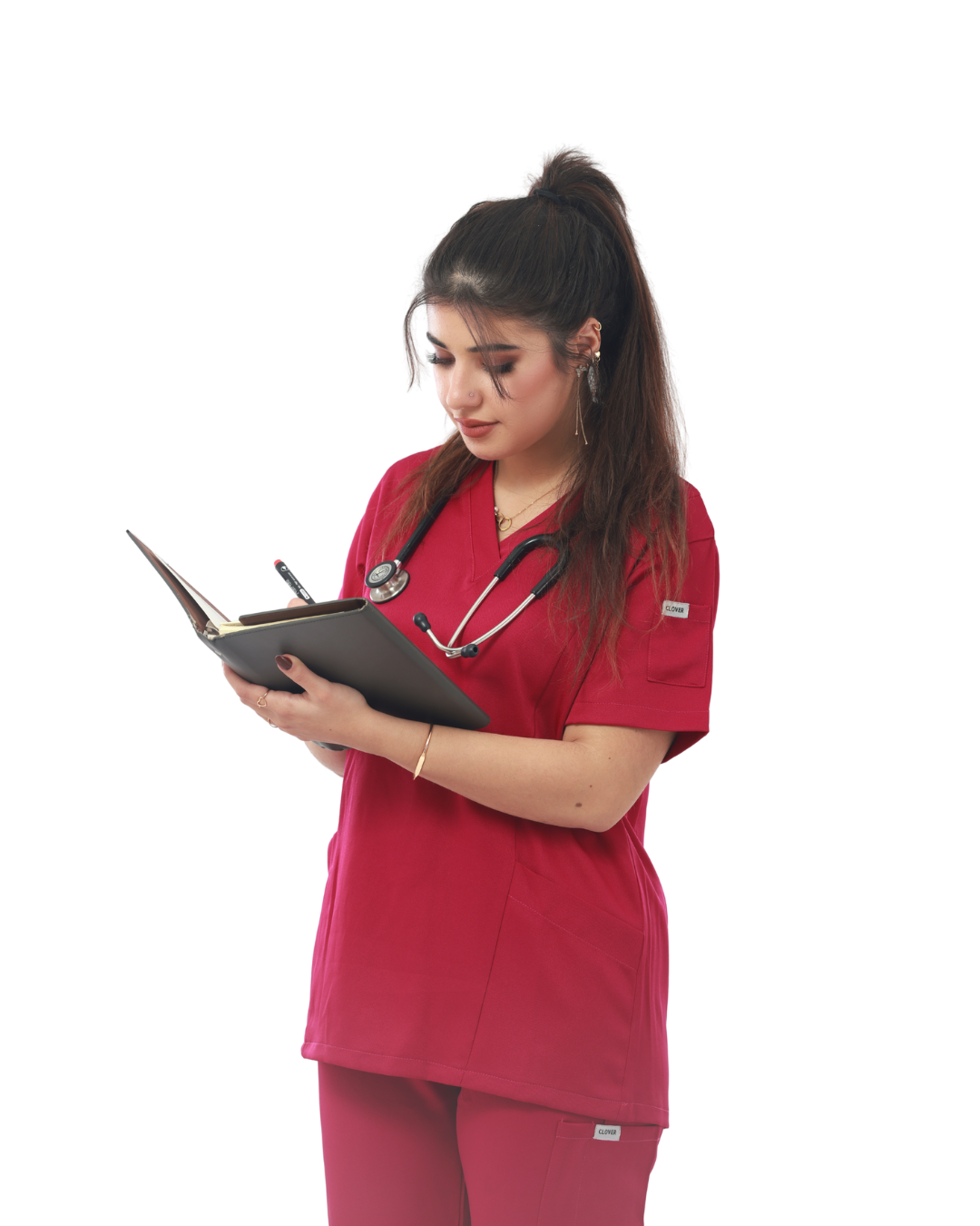 Image de Rouge — Ensemble médical pour femme Clover Uniform à 4 poches (haut à col en V et pantalon cargo)